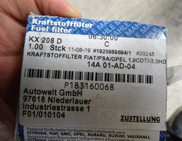 Brandstoffilter FIAT DUCATO Pritsche/Fahrgestell (250_, 290_) MAHLE KX208D 1.9 CDTi  